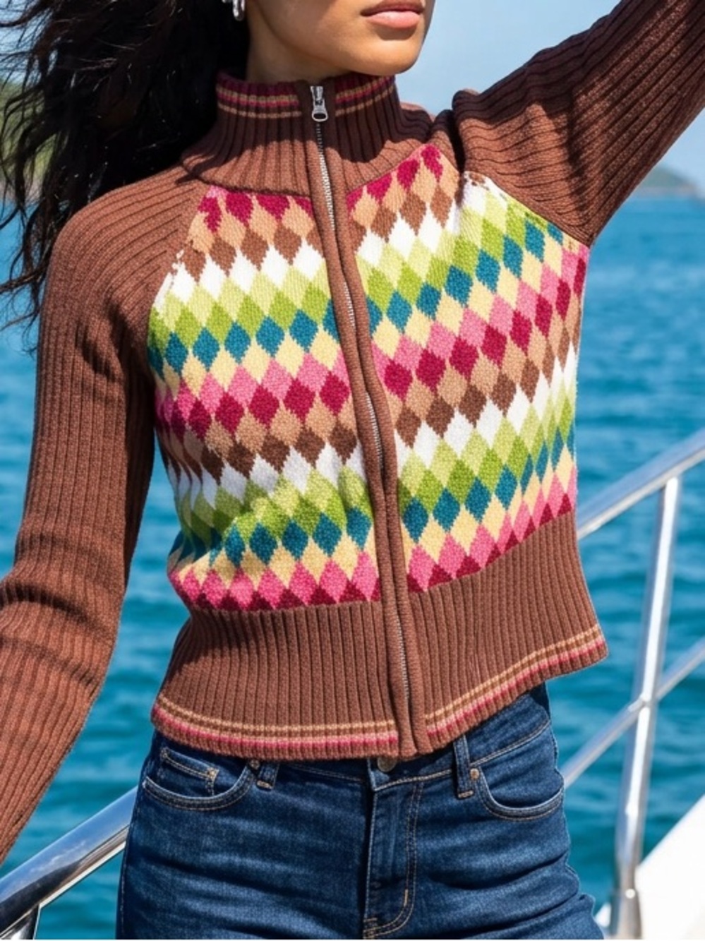 Vintage 70s Brown Argyle Zip-Front Women's Sweater - Multicolor Pattern